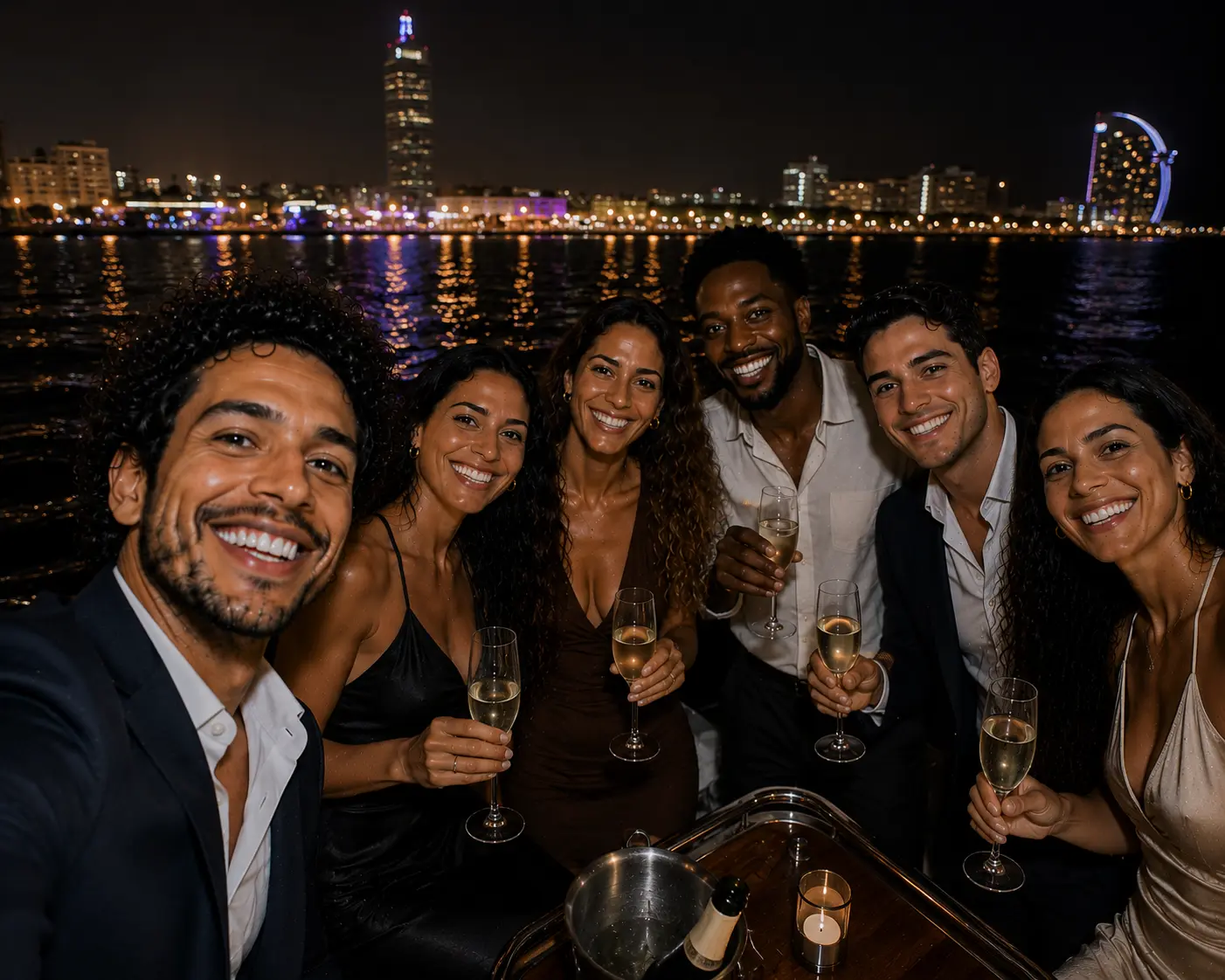 Sunset boat party Barcelona golden hour sailing